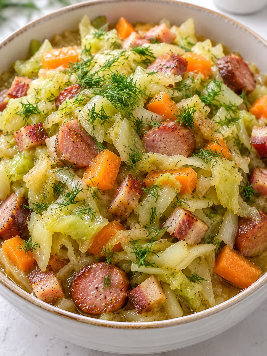Bigos z młodej kapusty z koperkiem w jasnej misce