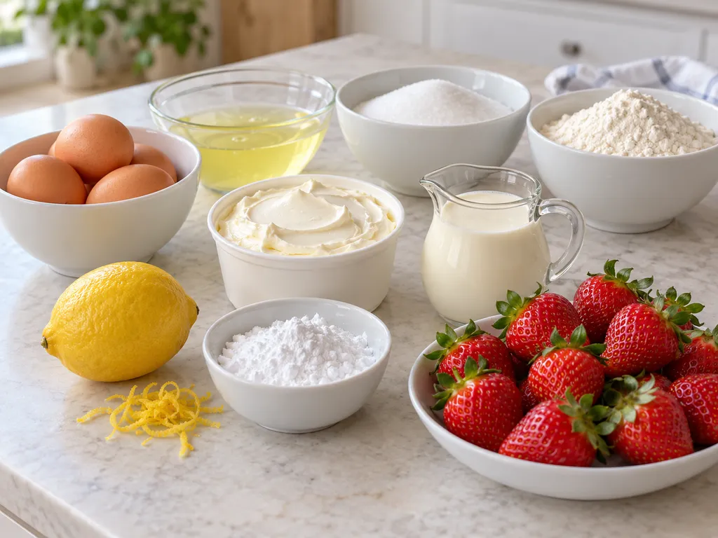 Jajka, mąka, mascarpone, cytryna i truskawki na biszkopt z bezą