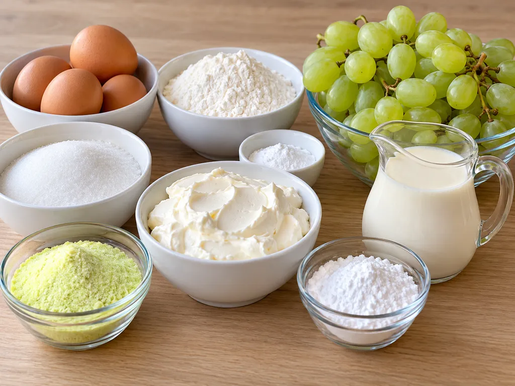 Składniki na ciasto z winogronem i galaretką: jajka, mąka, mascarpone, winogrona