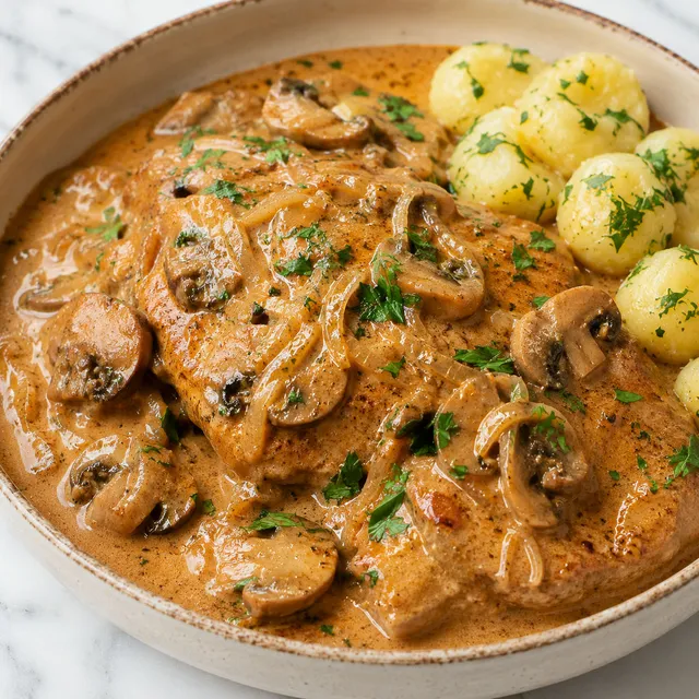 Polish pork bitki in creamy mushroom onion gravy topped with parsley