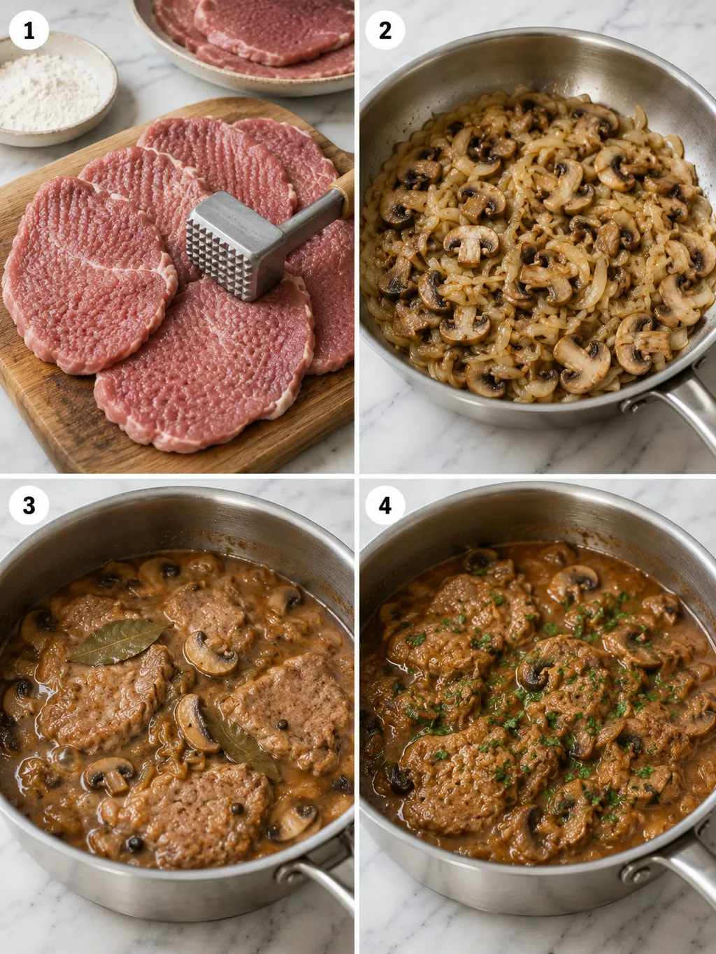 Four steps of making Polish bitki wieprzowe from dredging to simmering in gravy
