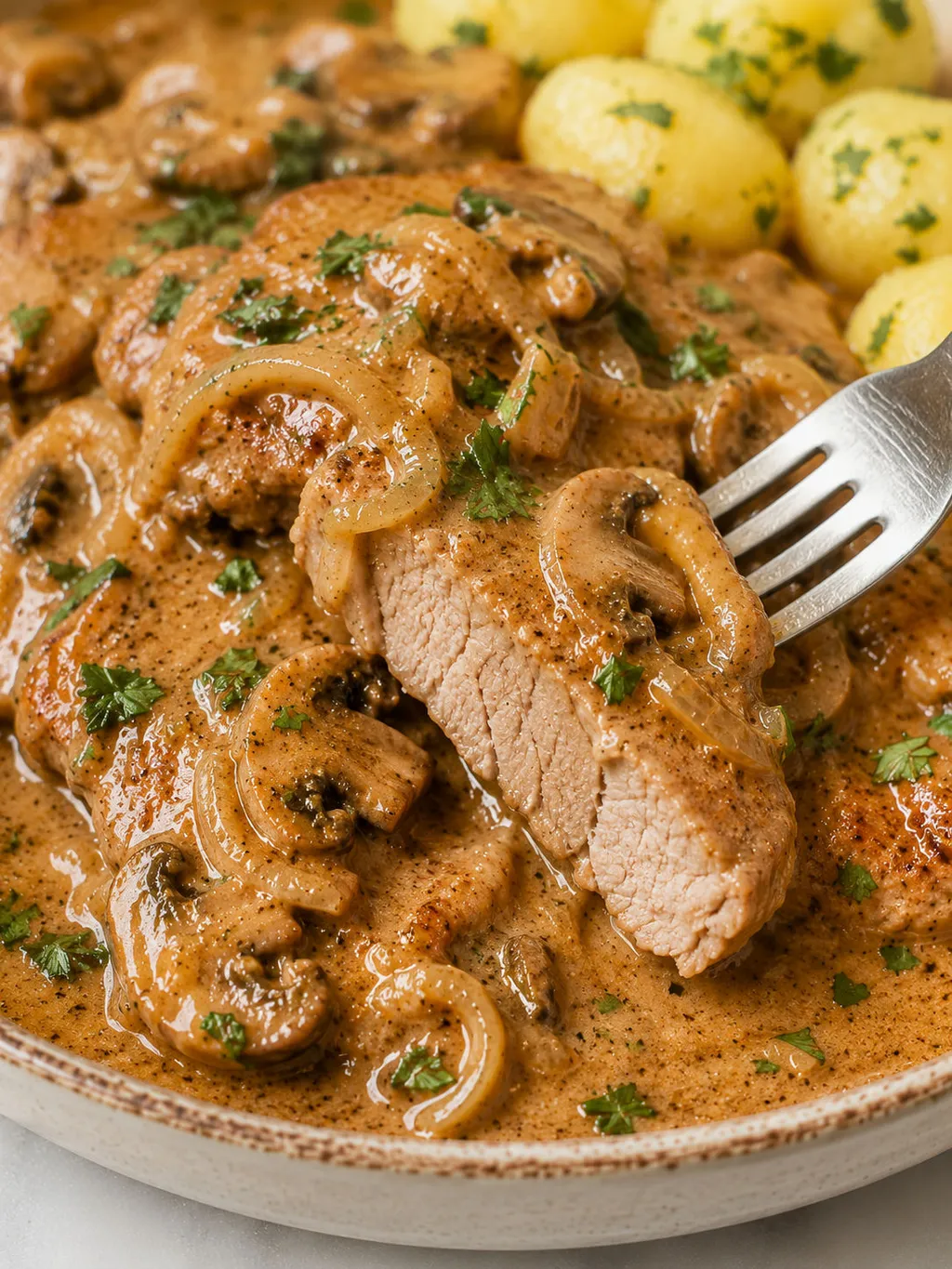 Close-up fork lifting tender pork bitki from a creamy mushroom gravy