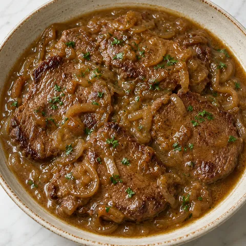 Bitki wołowe, braised beef medallions smothered in soft caramelized onions