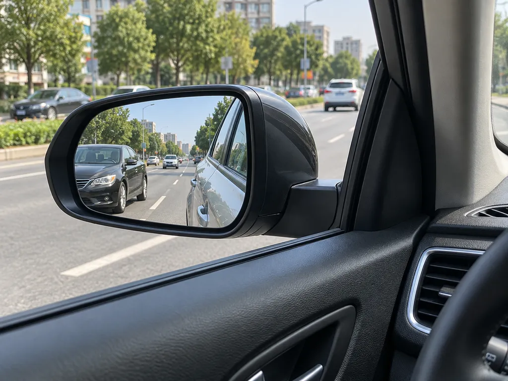 Widok z wnętrza auta na boczne lusterko z pojazdem na sąsiednim pasie