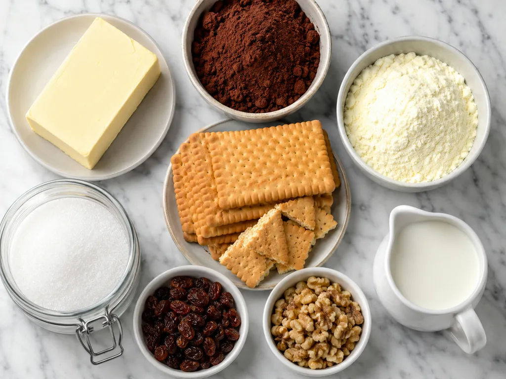 Raw ingredients for chocolate biscuit block including biscuits, cocoa and powdered milk