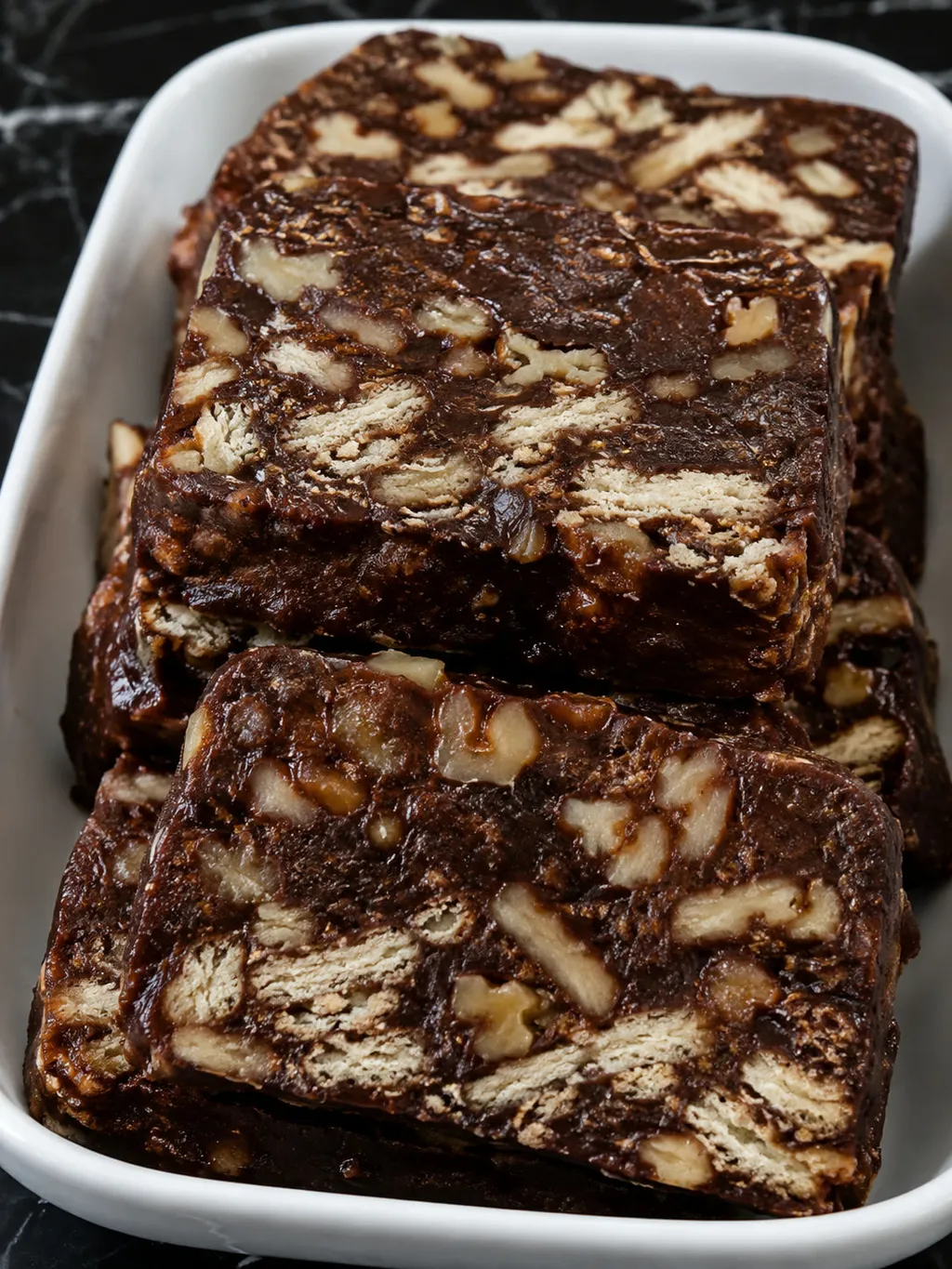 Stacked slices of dense chocolate biscuit block showing biscuit and walnut chunks