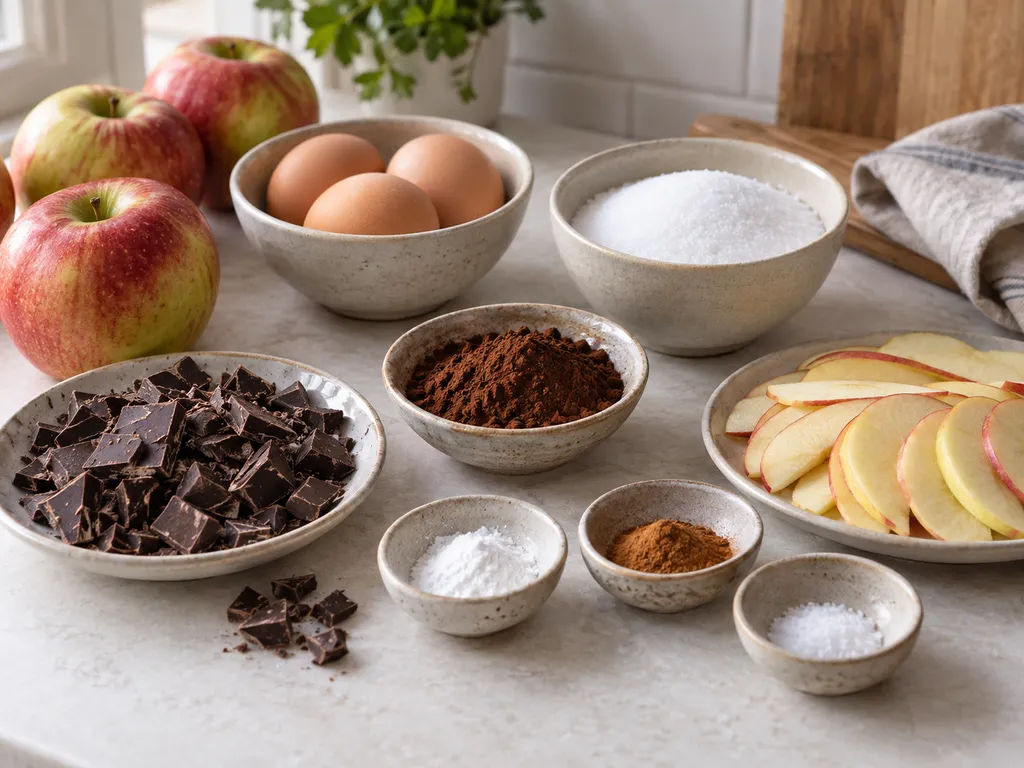 Składniki na brownie z jabłkami z kakao, jajkami i czekoladą