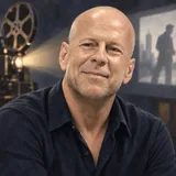 Ilustracyjny portret Bruce’a Willisa na tle projektora i światła kinowego ekranu.