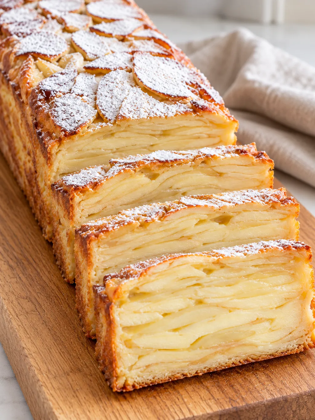 Niewidzialne ciasto z jabłkami w kształcie keksu, pokrojone w plastry na desce