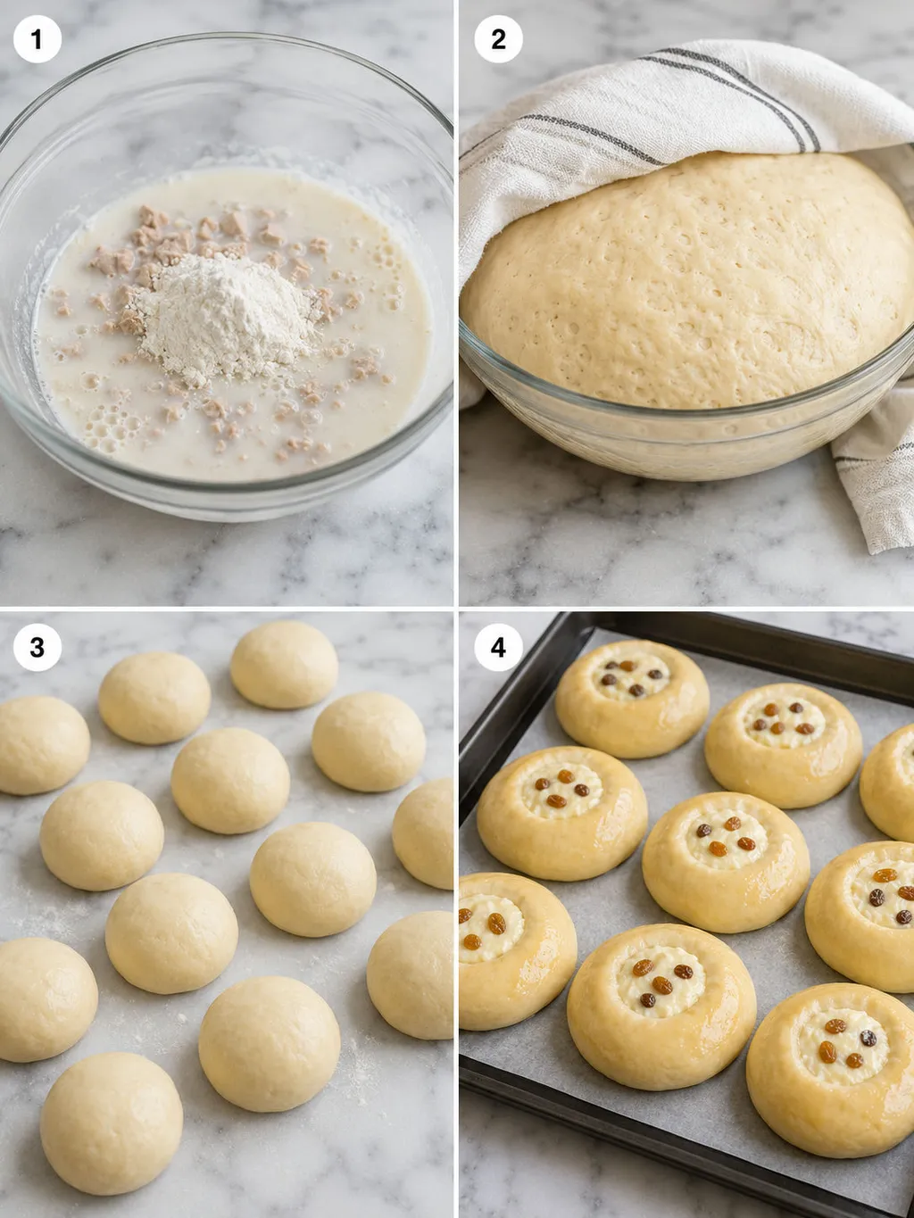 Four steps of shaping and baking Polish cheese rolls with farmer's cheese filling