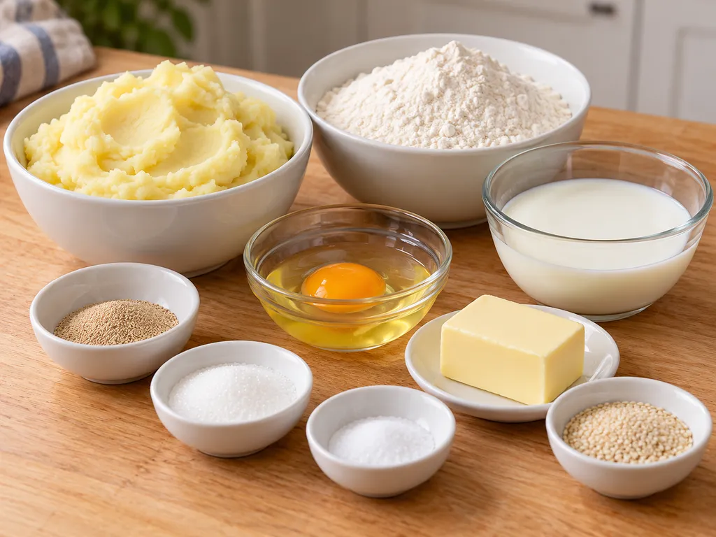 Składniki na bułki z ziemniakami: puree ziemniaczane, mąka, mleko, jajko i drożdże