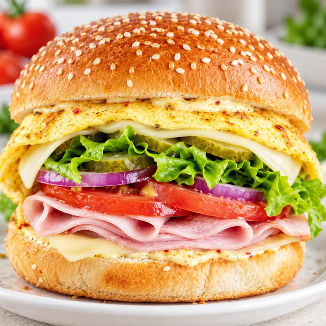 Burger z jajkiem, szynką, serem, sałatą i pomidorem
