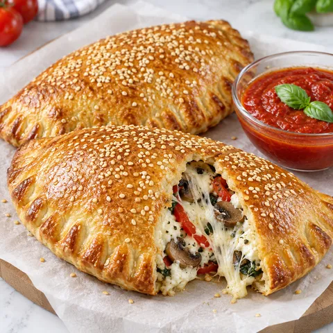 Złociste calzone z ricottą, mozzarellą, warzywami i sezamem
