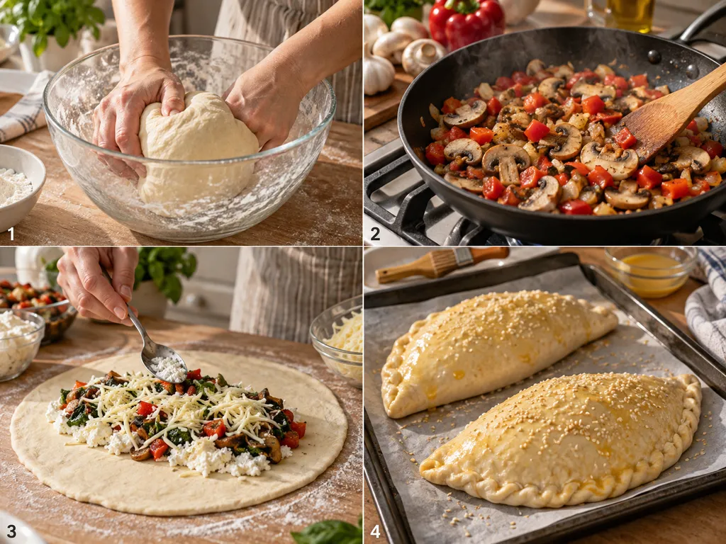 Cztery etapy przygotowania calzone z warzywnym farszem i serem