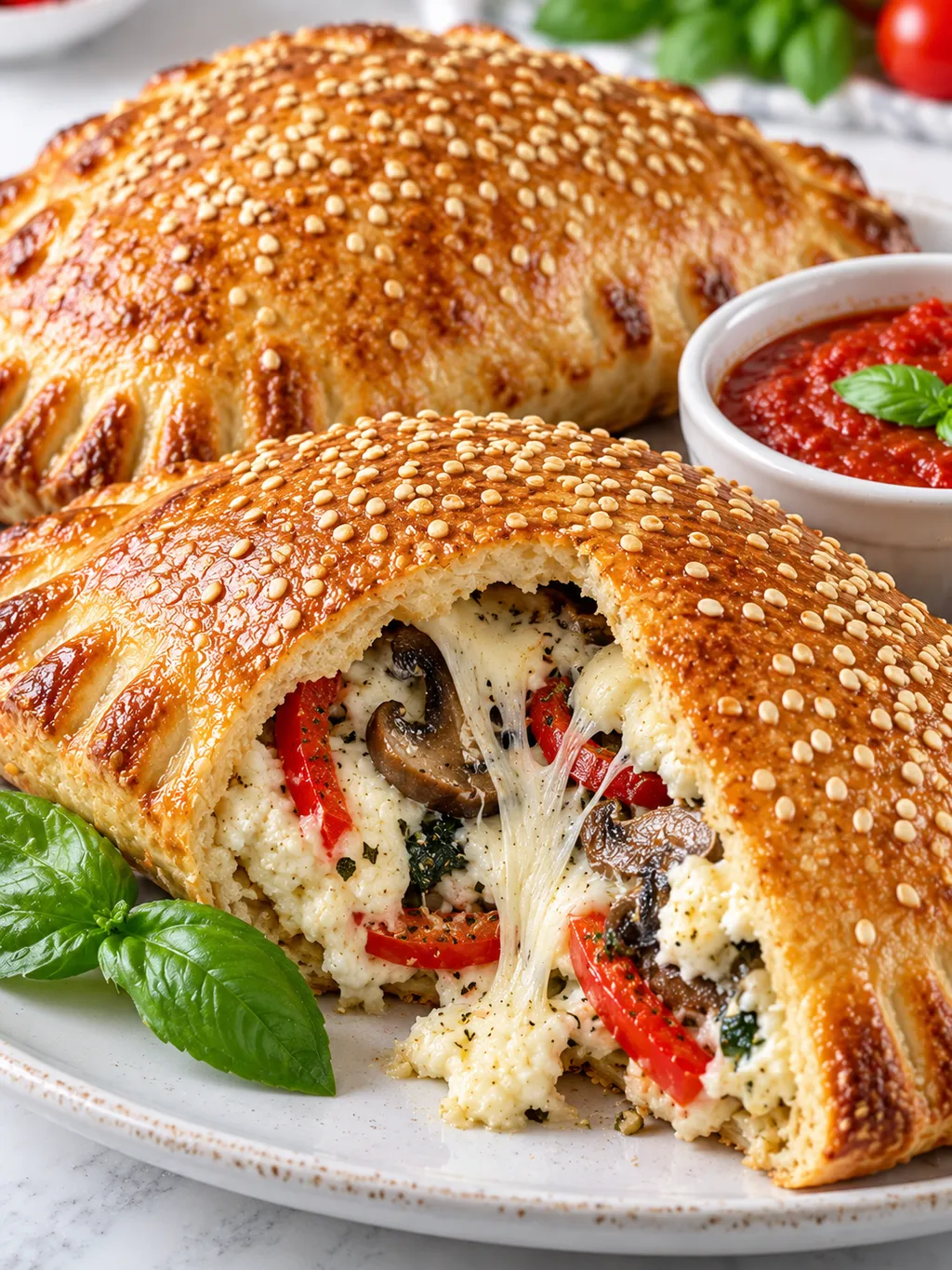 Przekrojone calzone z ricottą, mozzarellą, warzywami i sezamem