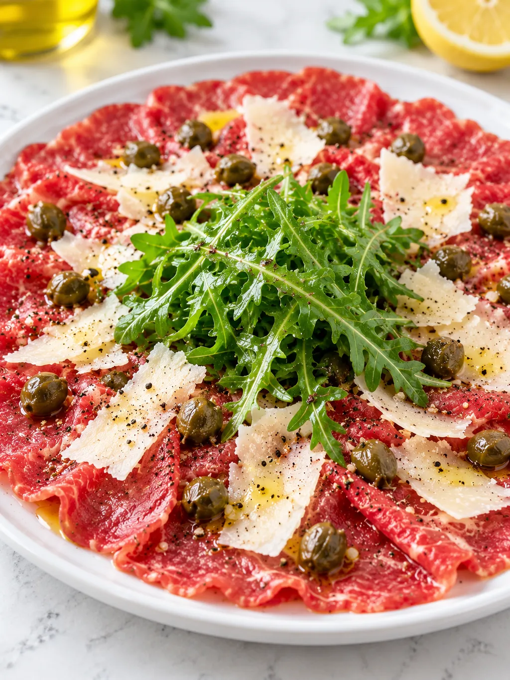 Carpaccio wołowe z parmezanem, kaparami i świeżą rukolą