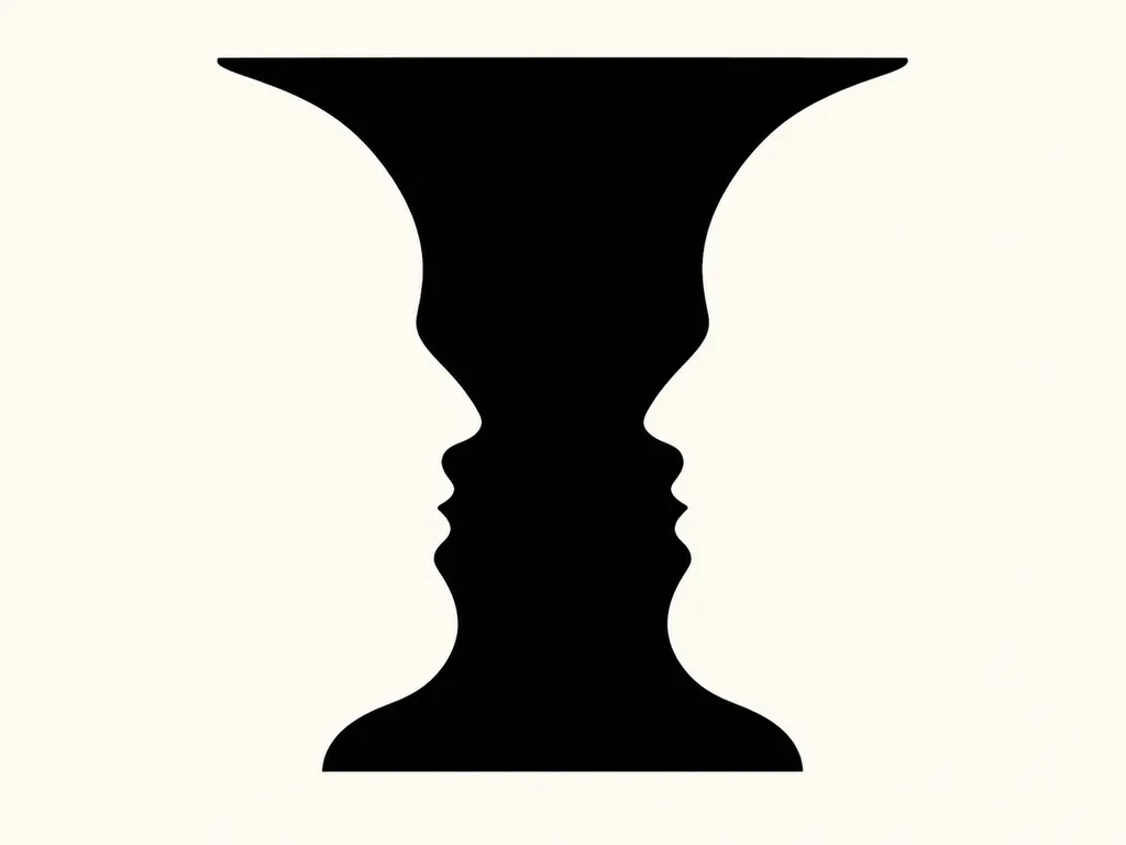 A black vase silhouette whose boundaries also form two facing profiles.