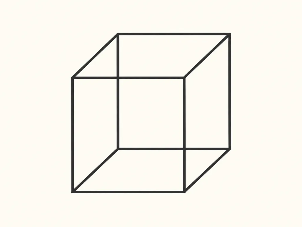An equally weighted wireframe cube with two possible depth interpretations.