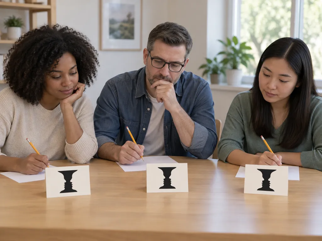 Three adults independently viewing identical face-vase cards at a table.