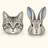 Separate illustrations of a cat's head and a rabbit's head.