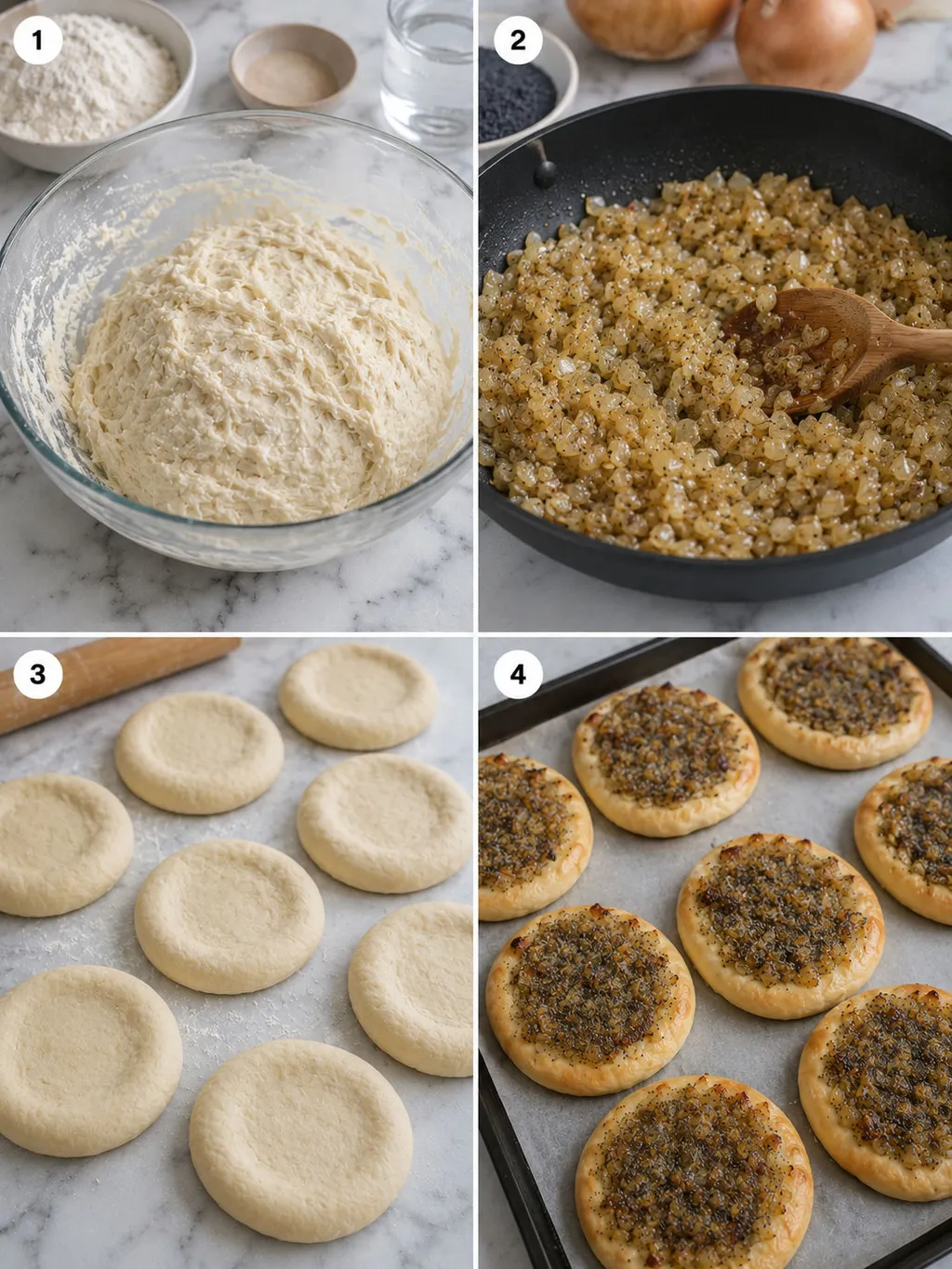 Four steps of making cebularz from kneading dough to baked onion flatbread