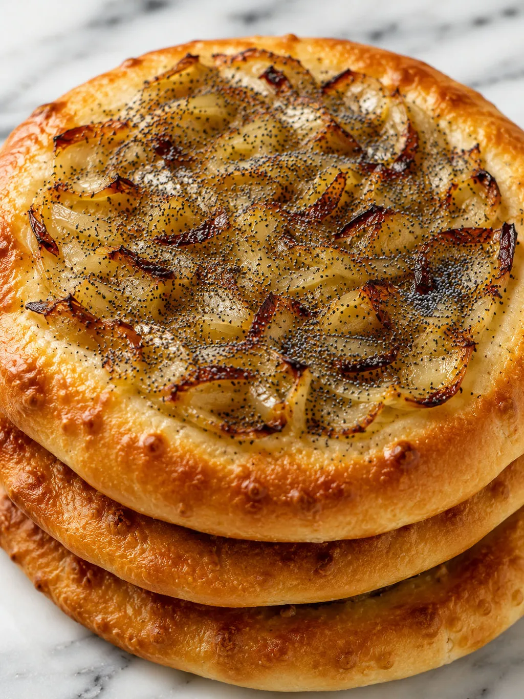 Stack of cebularz flatbreads with caramelized onion and poppy seed topping