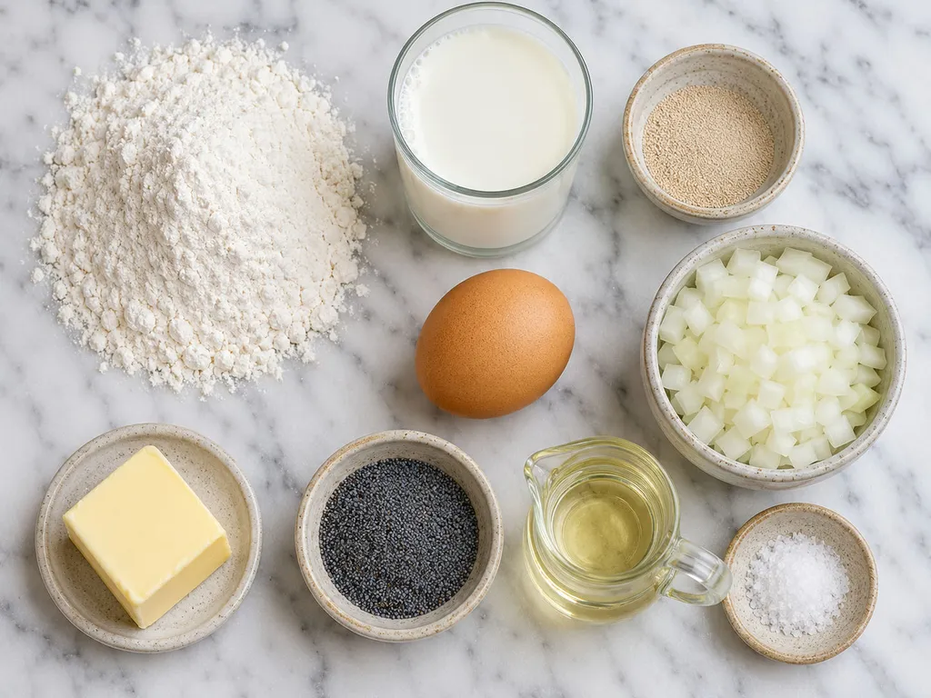 Raw ingredients for cebularz including onion, poppy seeds, flour and yeast dough