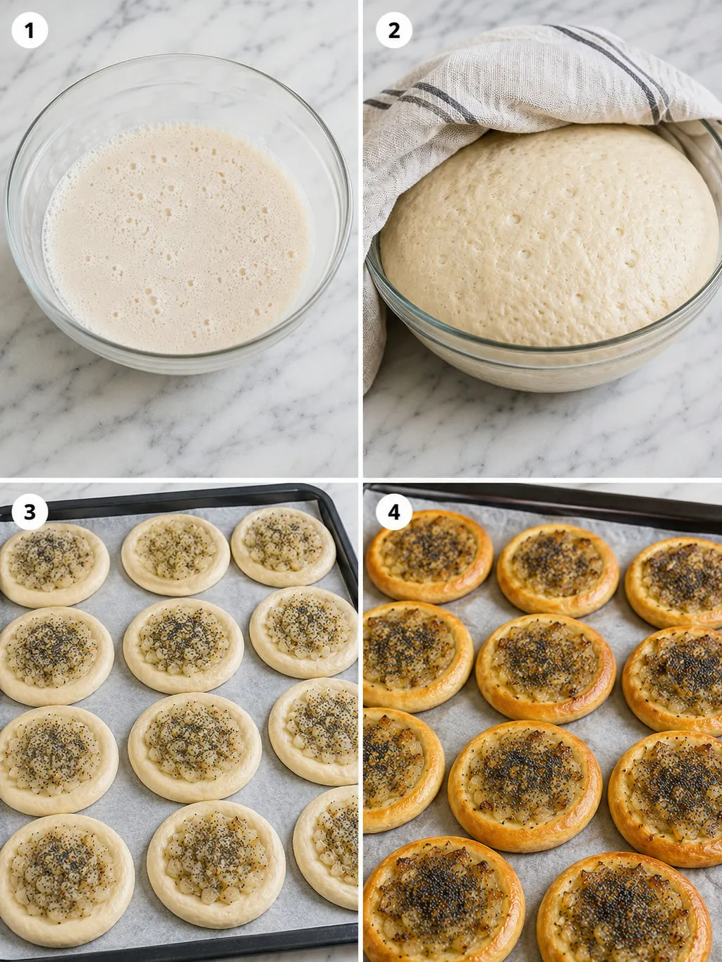 Four steps of making cebularz from rising dough to baked flatbread
