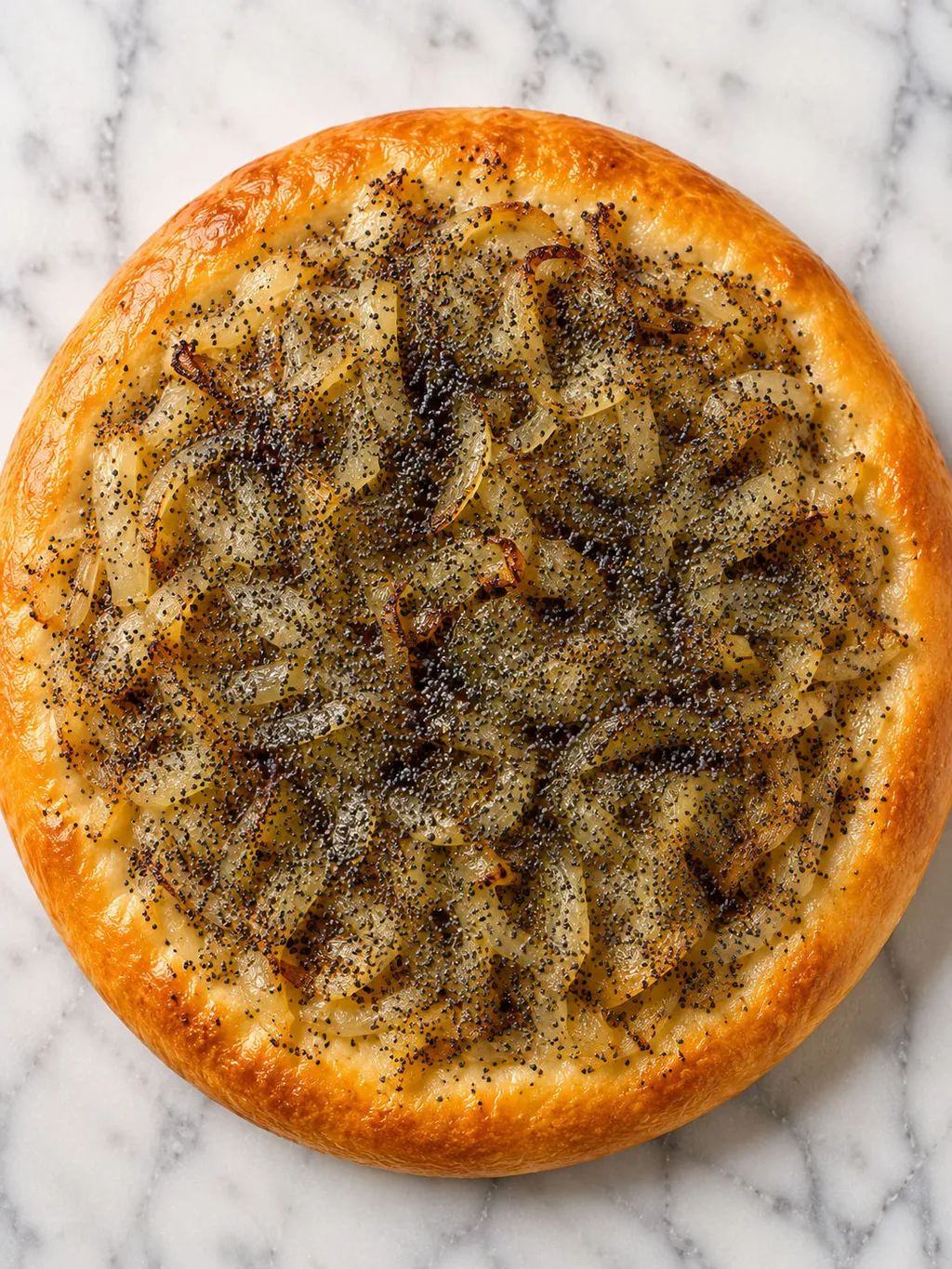 Top-down view of a golden cebularz topped with onion and poppy seeds