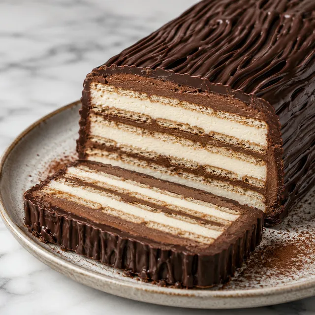 Sliced chocolate-coated layered cheese and biscuit log cake showing white and cocoa cream stripes