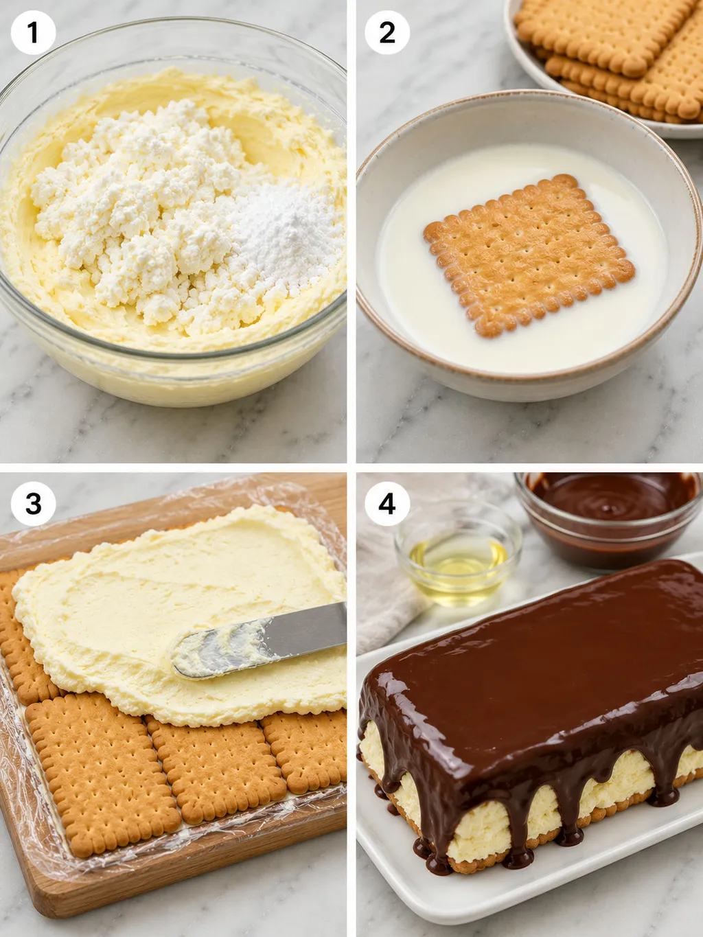 Four steps of building a layered cheese and biscuit log cake with white and cocoa cream