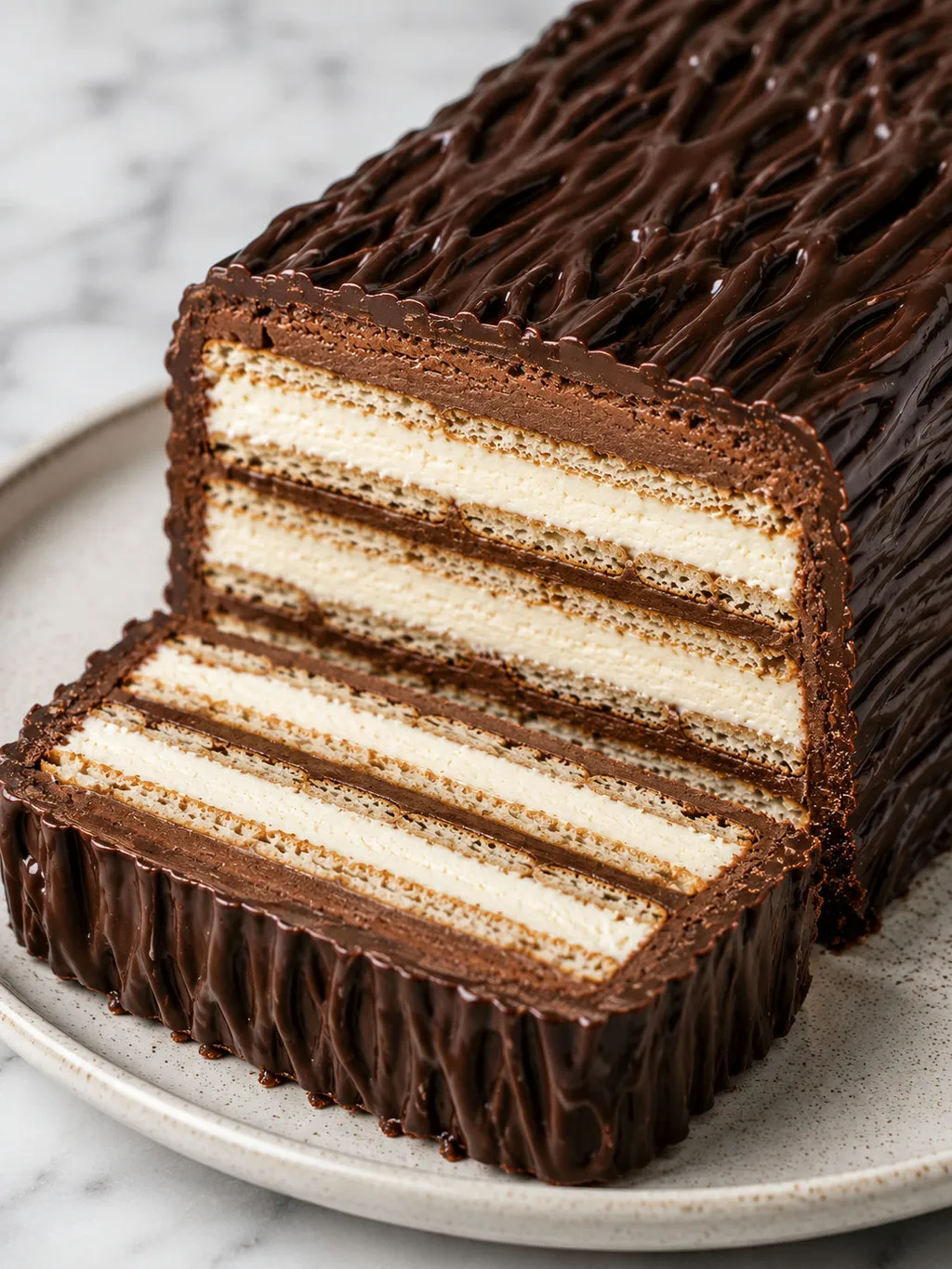 Close-up slice of chocolate-bark log cake revealing white and cocoa cream layers