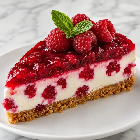 Slice of chilled raspberry cheesecake with glossy raspberry glaze and fresh berries