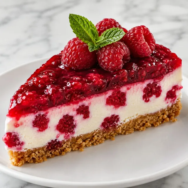 Slice of chilled raspberry cheesecake with glossy raspberry glaze and fresh berries