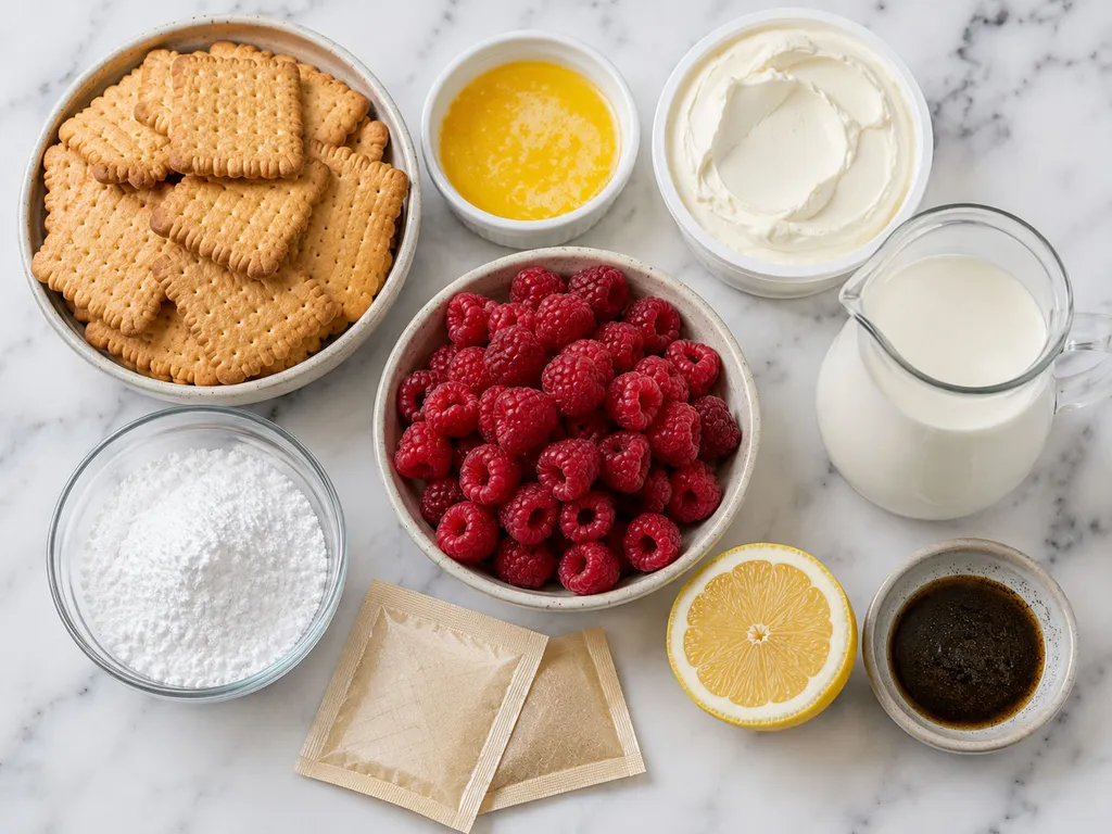 Raw ingredients for no-bake raspberry cheesecake including mascarpone and fresh raspberries
