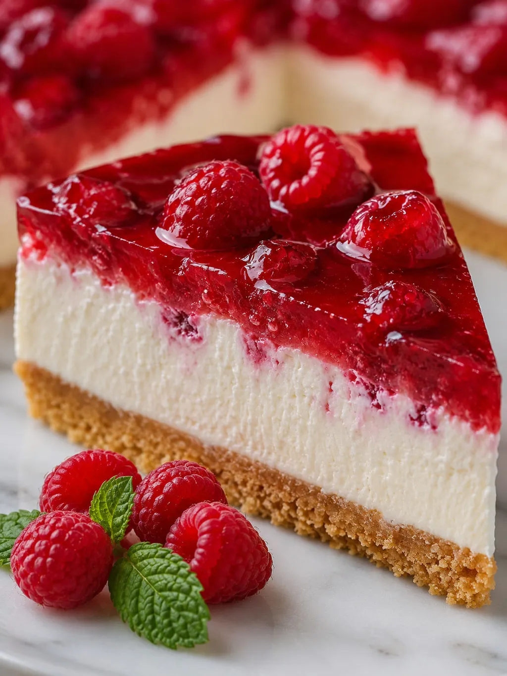 Close-up slice of no-bake raspberry cheesecake with glossy raspberry glaze and mint
