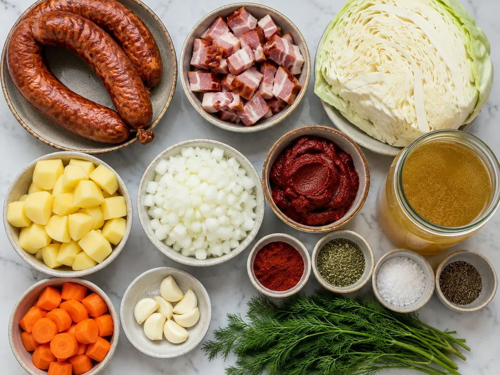 Surowe składniki na chłopski garnek: kiełbasa, boczek, kapusta, ziemniaki i przyprawy