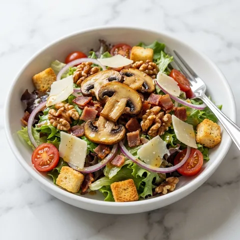 Crispy mushroom salad with bacon, walnuts, cherry tomatoes and croutons