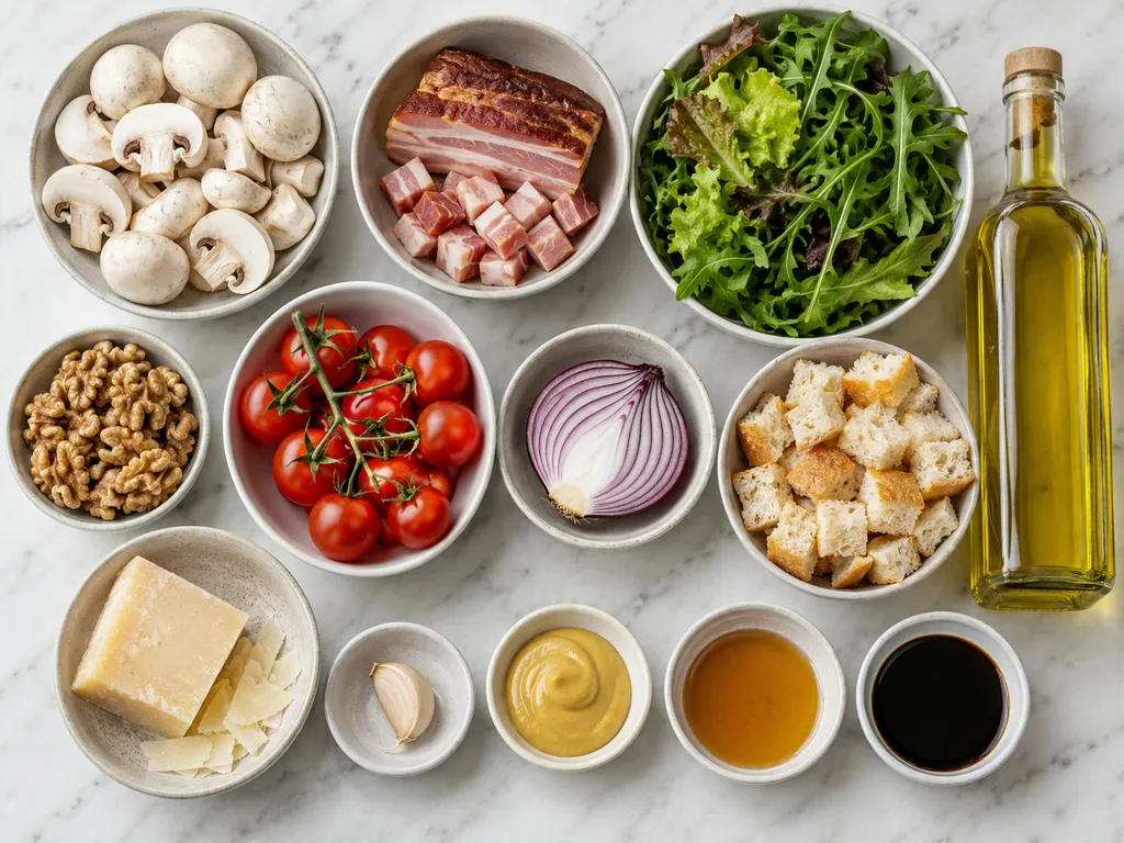 Raw ingredients for a crispy mushroom salad with bacon and walnuts on a wooden board