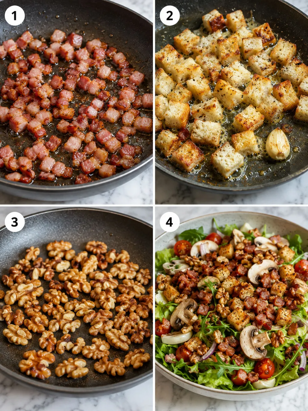 Four steps of making crispy mushroom salad from frying bacon to tossing the salad