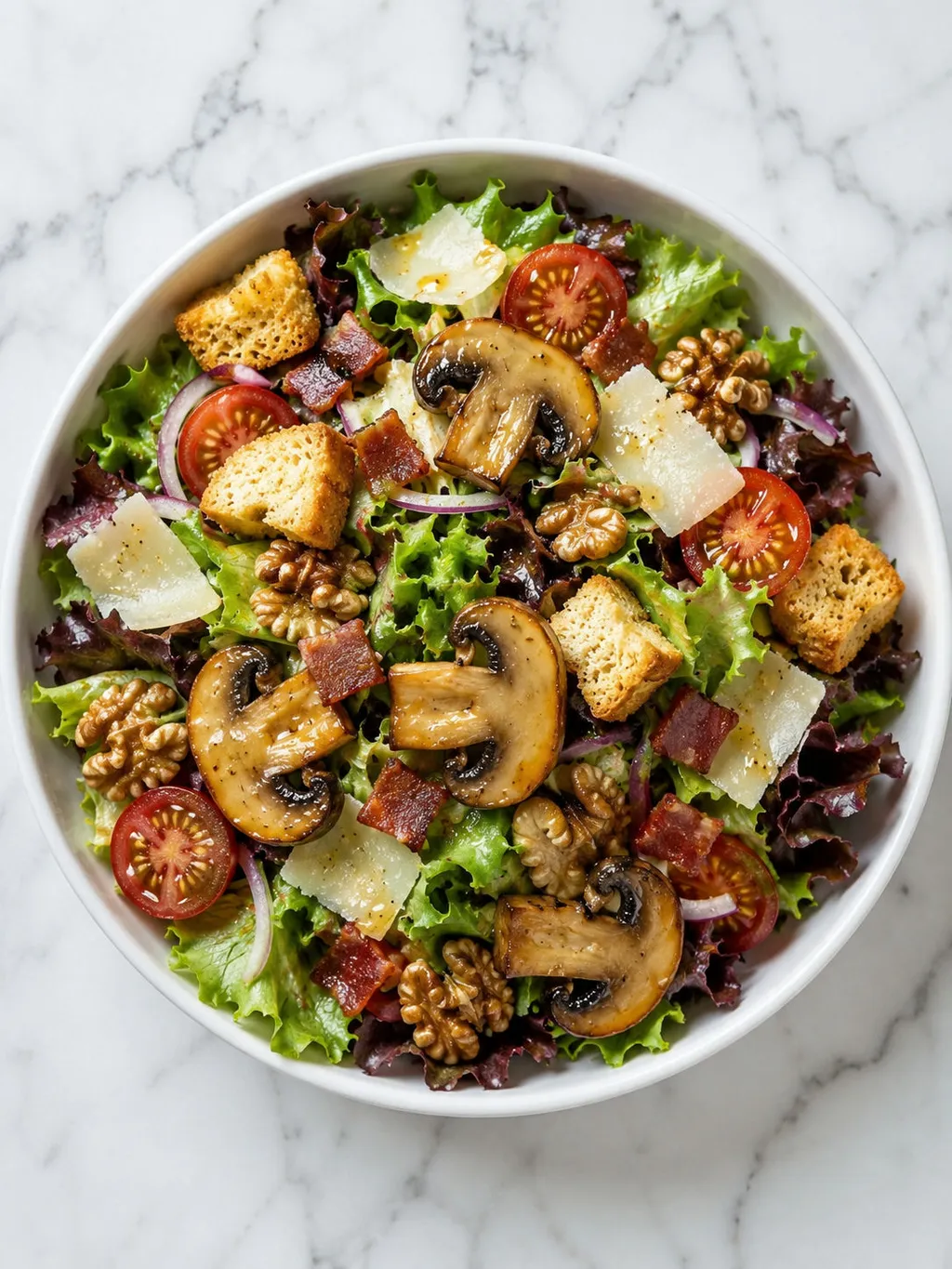 Top-down bowl of crispy mushroom salad with bacon, walnuts and parmesan