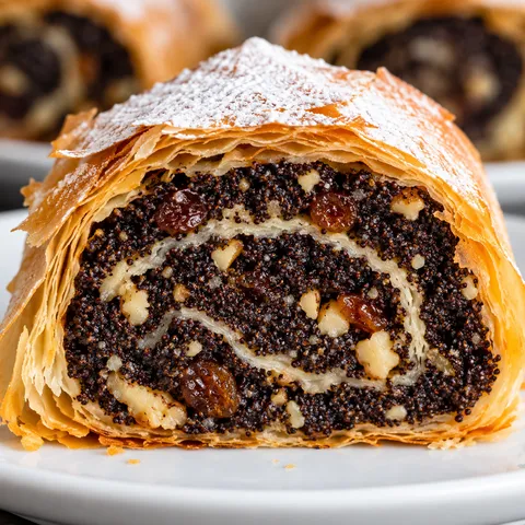 Pokrojony makowiec w cieście filo ze spiralą masy makowej i cukrem pudrem
