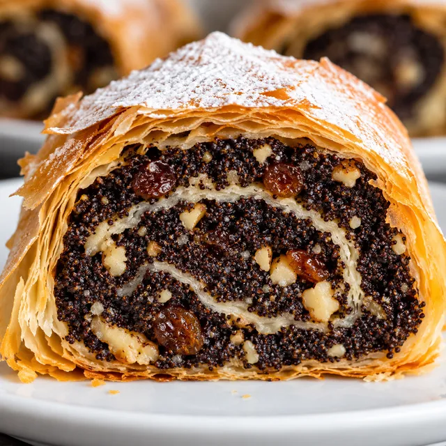 Pokrojony makowiec w cieście filo ze spiralą masy makowej i cukrem pudrem