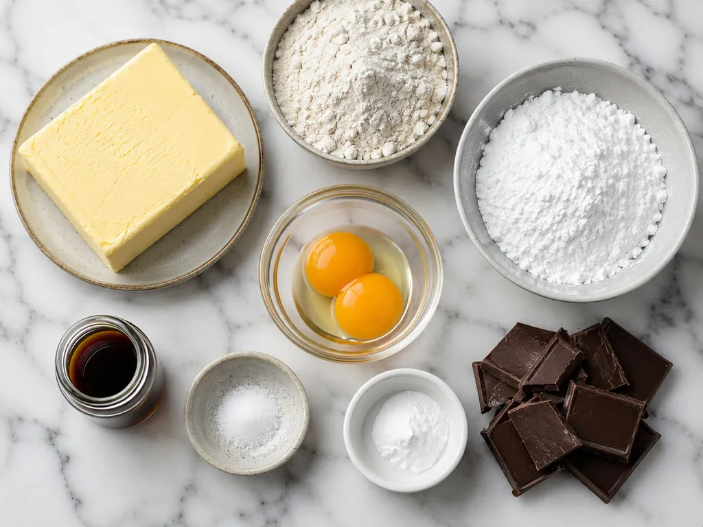 Butter, flour, powdered sugar, egg yolks and dark chocolate for Polish butter cookies