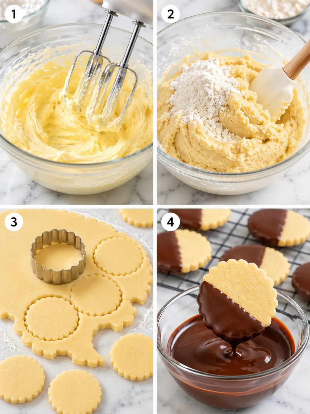 Four steps of making Polish butter cookies from mixing dough to dipping in chocolate