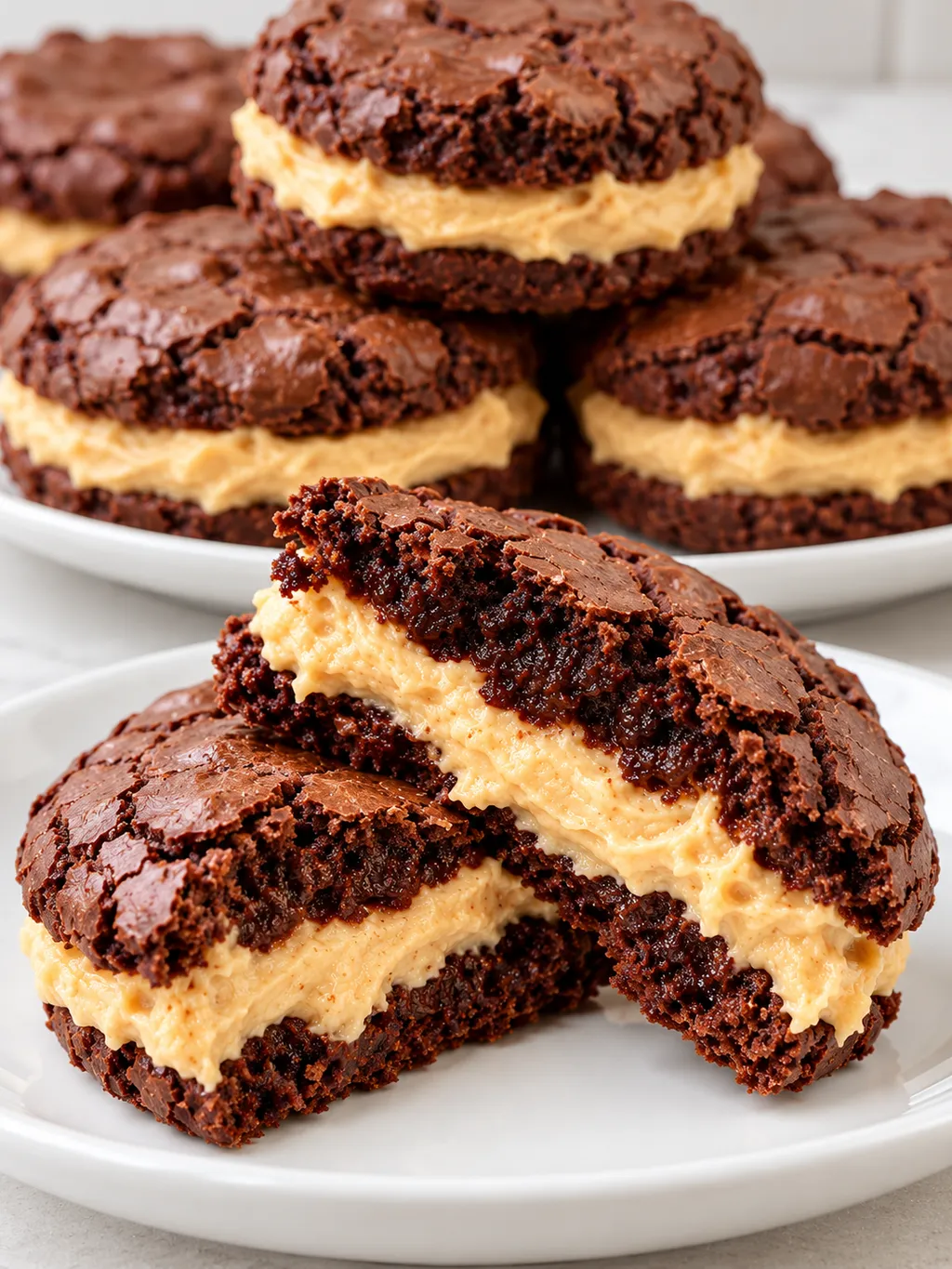 Stos ciastek brownie z kremem z masła orzechowego i jedno przełamane na talerzu