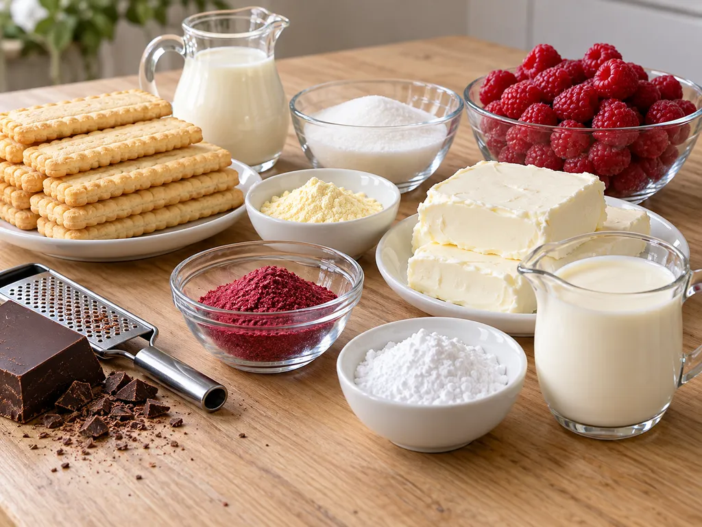 Składniki na ciasto 3 bit: herbatniki, mleko, budyń, mascarpone, maliny, galaretka, śmietanka i czekolada