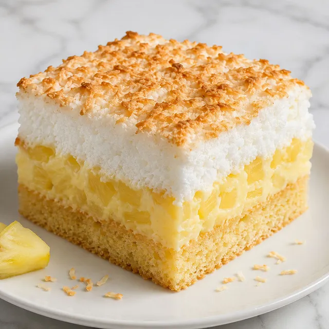 Slice of pineapple coconut layer cake with custard cream and toasted coconut meringue top