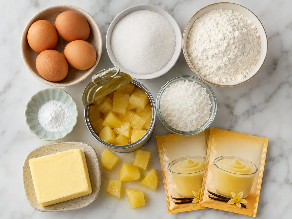 Raw ingredients for pineapple coconut cake including eggs, coconut flakes, and canned pineapple