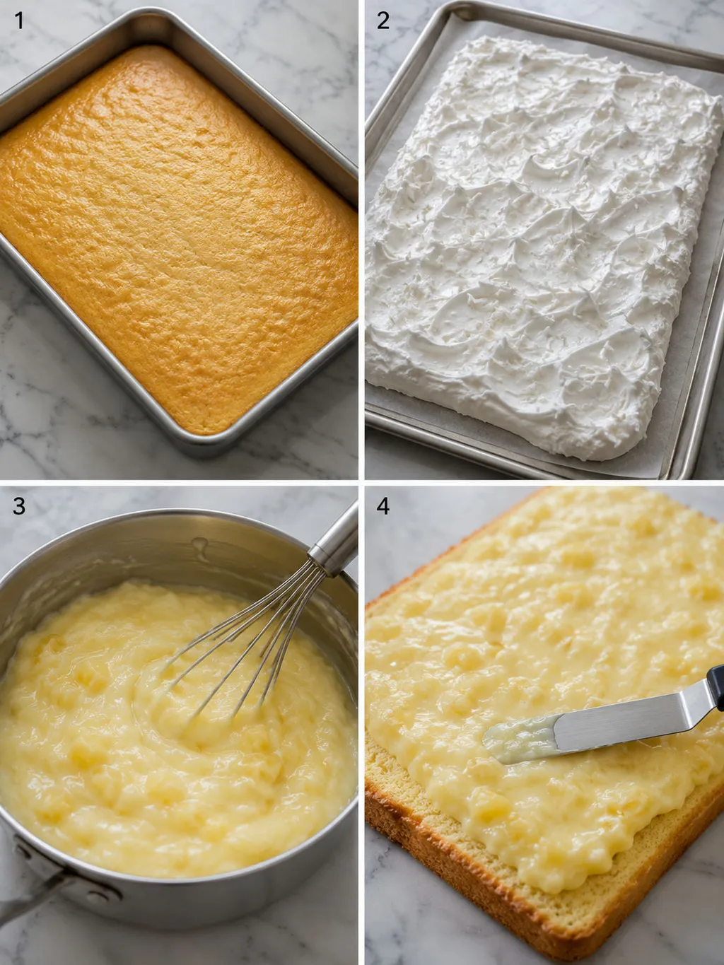 Four steps of making pineapple coconut cake from baking sponge to spreading custard cream